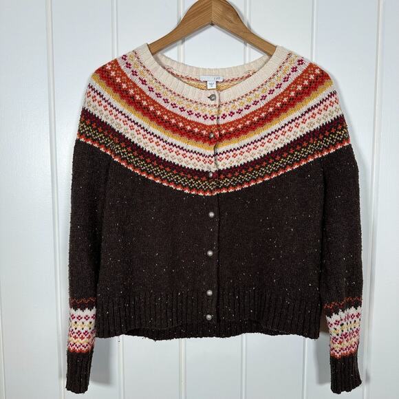J Jill Cardigan Sweater XS Fair Isle Nordic Thanksgiving Brown Orange See Pics - Picture 1 of 8
